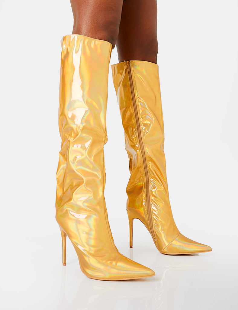 Tai Wide Fit Gold Metallic Pointed Toe Stiletto Knee High Boots