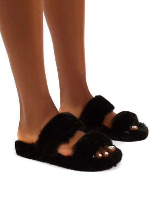 Teddi Black Fluffy Double Strap Slider Faux Fur Slipper