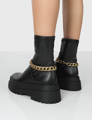 Tessa Black Chunky Chain Detail Ankle Boots