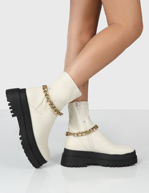 Tessa Cream Chunky Chain Detail Ankle Boots