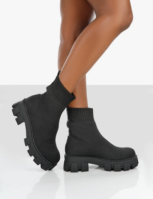 Trust Black Knit Chunky Sole Heeled Ankle Boots