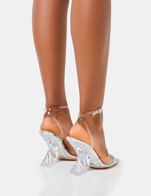 Twin Flame Silver Mirror Clear Perspex Wrap Around Barely There Inverted Wedged Square Toe High Heels