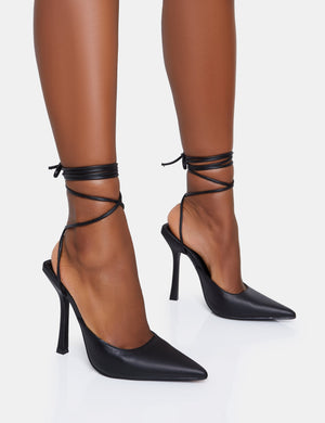 Verity Black Pu Slingback Lace Up Pointed Court Stiletto Heels