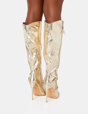 Worthy Metallic Gold Studded Zip Detail Pointed Toe Stiletto Knee High Boots