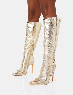 Worthy Metallic Gold Studded Zip Detail Pointed Toe Stiletto Knee High Boots