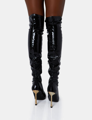 Zhenya Black Patent Pointed Toe Gold Contrast Stiletto Over The Knee Boots