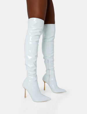 Zhenya White Patent Pointed Toe Gold Contrast Stiletto Over The Knee Boots