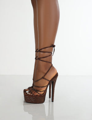 Rendezvous Chocolate Platform Square Toe Diamante Tie Ankle High Heels