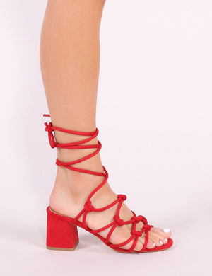 Freya Knotted Strappy Block Heeled Sandals in Red Faux Suede