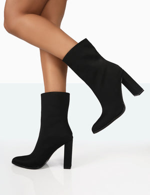 Bridget Black Nylon Pointed Toe Block Heeled Ankle Boots