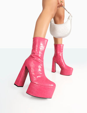 Parker Pink Patent Croc Platform Rounded Pointed Toe Block Heeled Ankle Boots