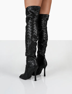 Carlotta Black Open Toe Woven Material Heeled Over The Knee Boots