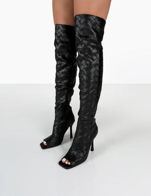 Carlotta Black Open Toe Woven Material Heeled Over The Knee Boots