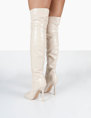 Carlotta Ecru Open Toe Woven Material Heeled Over The Knee Boots