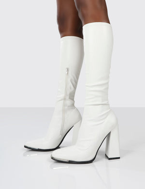 Caryn White PU White Heeled Knee High Boots