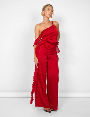 Kaiia Chiffon Ruffle Wide Leg Trouser in Red