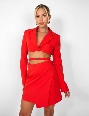 Kaiia Wrap Waist Mini Blazer Dress in Red