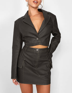 Kaiia Distressed Leather Look Cropped Blazer Co-ord in Brown