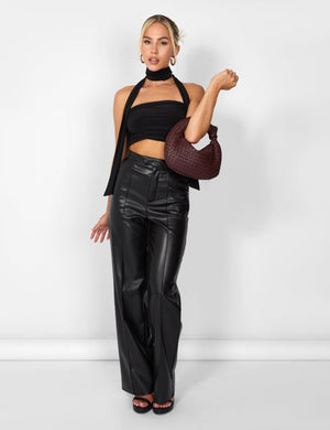 Kaiia Leather Look Wide Leg Trousers in Black