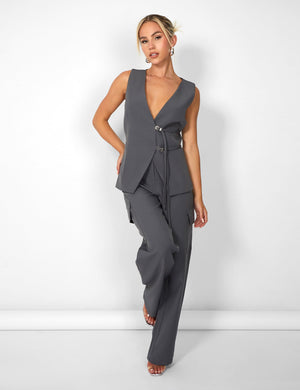 Kaiia Strap Detail Waistcoat in Charcoal Grey