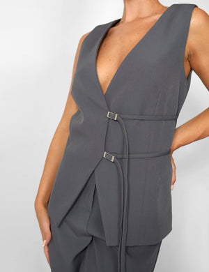 Kaiia Strap Detail Waistcoat in Charcoal Grey