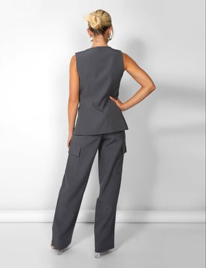 Kaiia Strap Detail Waistcoat in Charcoal Grey