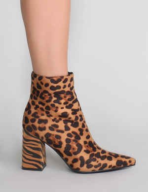 Chaos Contrast Pointed Toe Ankle Boots in Leopard and Tiger Print