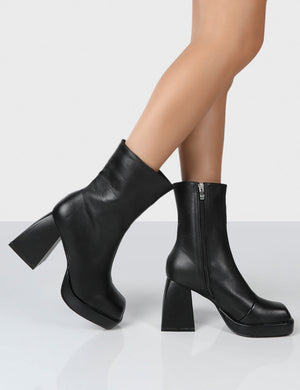 Clover Black Pu Chunky Heel Ankle Boots