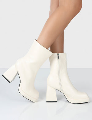 Clover Ecru Pu Chunky Heel Ankle Boots