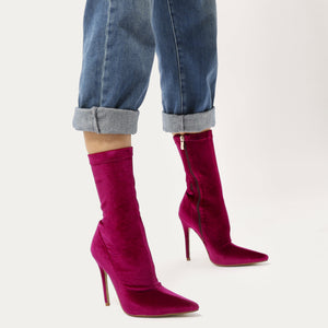 Direct Pointy Sock Boots in Hot Pink Velvet