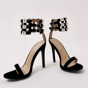 Edge Dome Stud Caged Cuff Stiletto Heels in Black Faux Suede