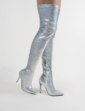 Dazzle Pointed Toe Over The Knee Boots in Silver Sequins