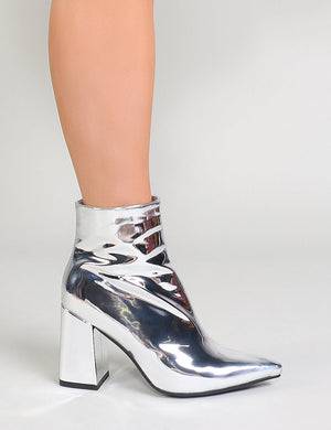 Empire Pointed Toe Ankle Boots in Silver Metallic