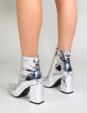 Empire Pointed Toe Ankle Boots in Silver Metallic