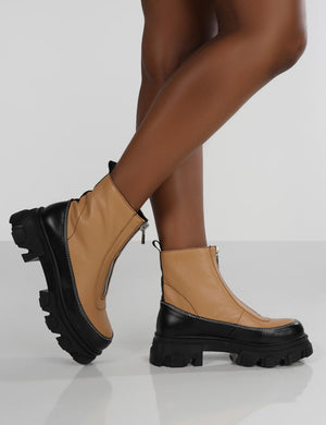 Direction Tan Pu Zip Front Chunky Sole Ankle Boot
