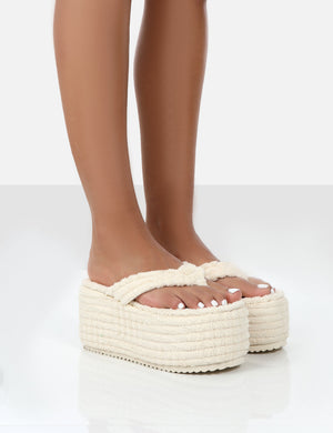 Nell Ecru Terry Towelling Platform Wedge Flip Flop Sandals