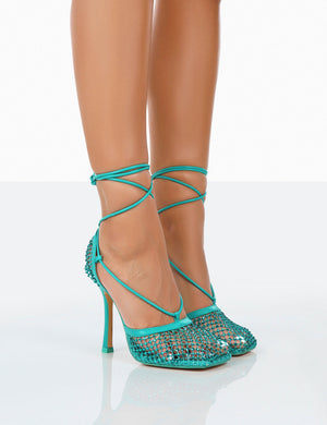 Longshot Turquoise Blue Diamante Wrap Around Mesh Heels
