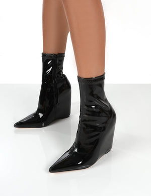Getaway Black Patent Wedge Ankle Boots