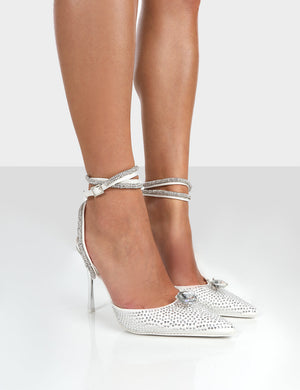 Glisten White Diamante Wrap Around Pointed Toe Court Heels