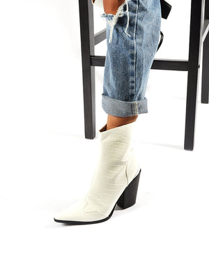 Heidi White Croc Block Heeled Western Ankle Boots