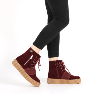 Christa Strap Detail Hi Top Creepers in Bordeaux Faux Suede