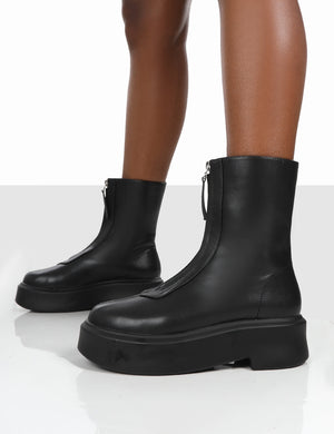 Indigo Black PU Chunky Sole Zip Through Ankle Boot