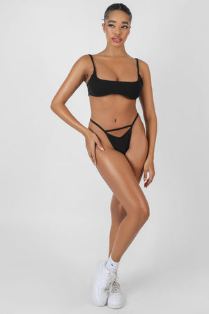 Cut Out V Front Thong Black