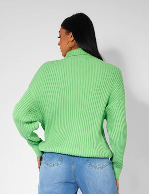 HIGH NECK CONSTRAST STITCH RIBBED KNITTED OVERSIZED JUMPER GREEN