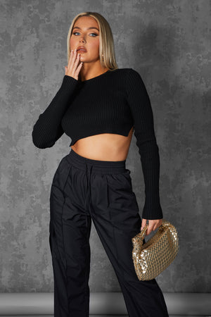 Open Chain Back Knitted Crop Top Black