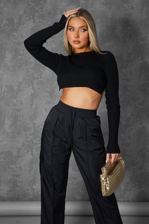 Open Chain Back Knitted Crop Top Black