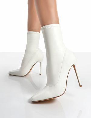 Lars White Pu Sock High Heeled Ankle Boots