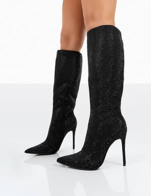 Lexi Black Diamantes Pointed Toe Stiletto Knee High Boots