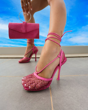 Longshot Hot Pink Diamante Wrap Around Mesh Heels