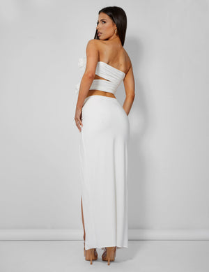 Rose Detail Extreme Split Maxi Skirt Ivory